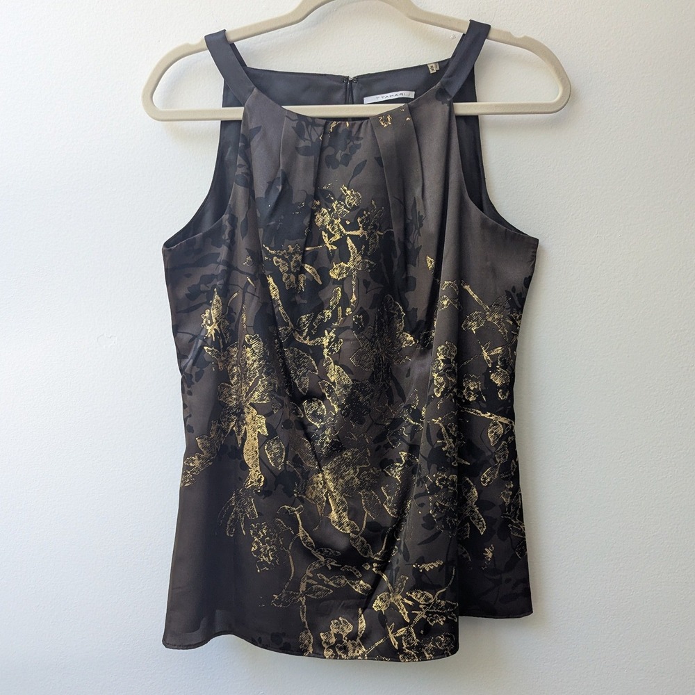 T Tahari Sleeveless Top Brown Gold Floral Foil Pleated High Neck Sz M Metallic